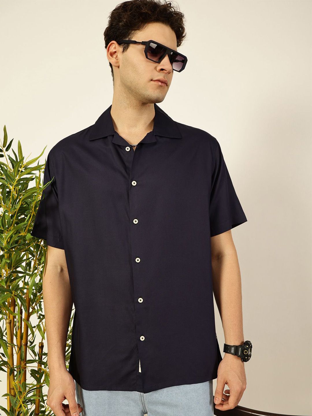 Thomas Scott Men Premium Cuban Collar Solid Oversized Casual Shirt