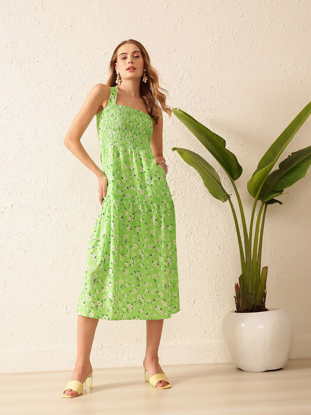 STREET 9 Floral Printed Square Neck Sleeveless A-Line Midi Dress
