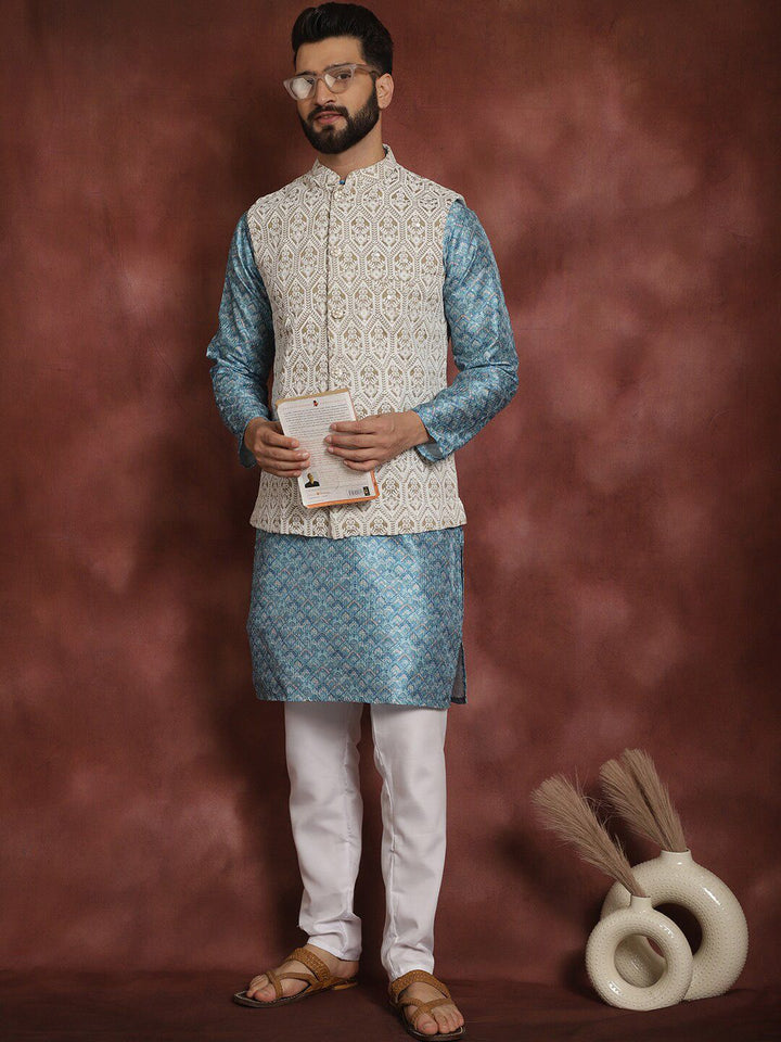 Anouk Blue Striped Mandarin Collar Thread Work Straight Kurta With Churidar