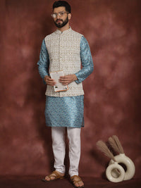 Anouk Blue Striped Mandarin Collar Thread Work Straight Kurta With Churidar