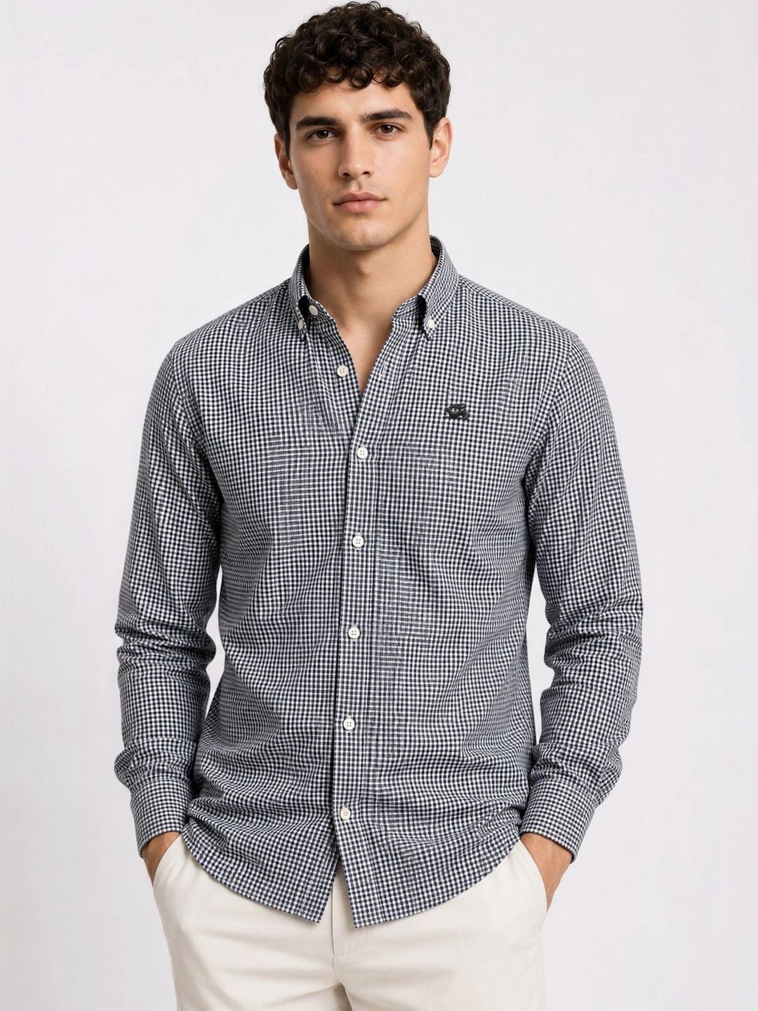 ADRO Men Black & White Mini Checked Regular Fit Casual Cotton Shirt