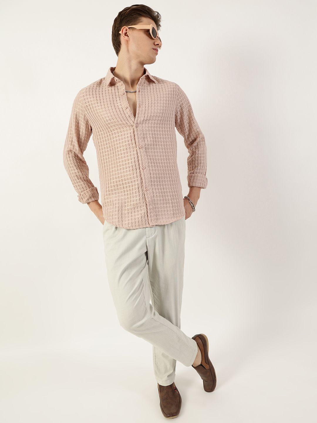 Thomas Scott Men Premium Spread Collar Textured Solid Slim Fit Casual Shirt