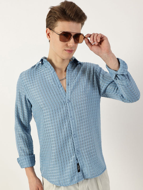 Thomas Scott Men Premium Spread Collar Textured Solid Slim Fit Casual Shirt