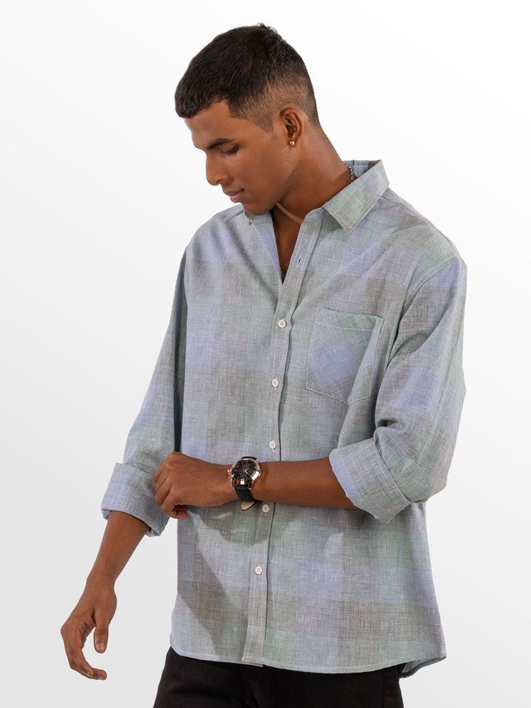 Eszett Men Checked Spread Collar Cotton Baju Kasual