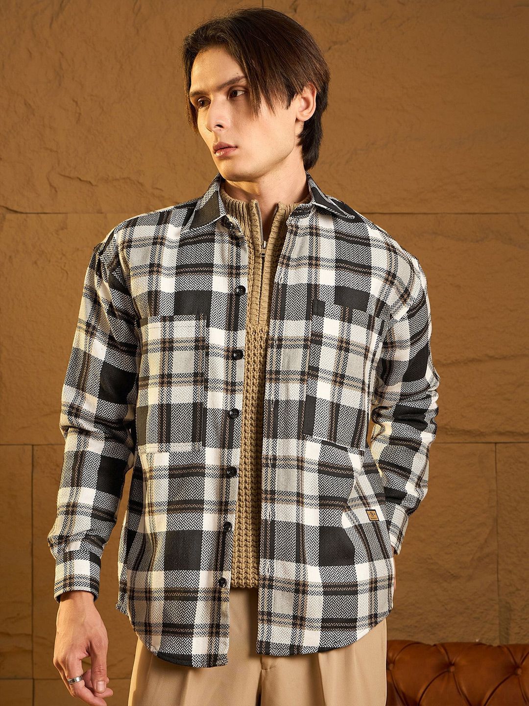 DENNISON Men Double Pocket Drop Shoulder Oversized Cotton Checked Shacket