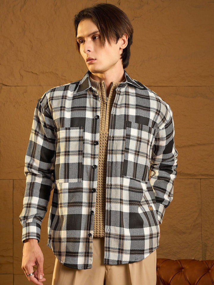 DENNISON Men Double Pocket Drop Shoulder Oversized Cotton Checked Shacket