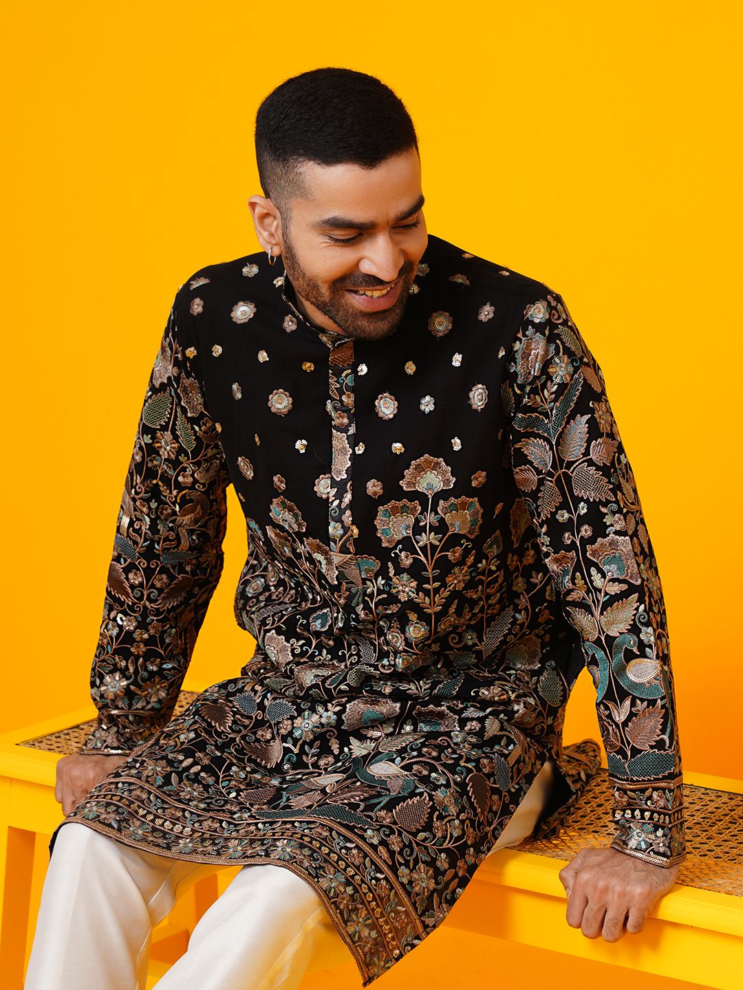 SOJANYA LUXE Floral Embroidered Sequinned Mandarin Collar Straight Georgette Kurta