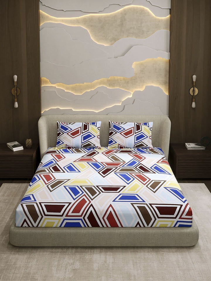 Monte Carlo Blue & Rust Printed Cotton 104 TC Queen Bedsheet Set 2.24 m x 2.54 m