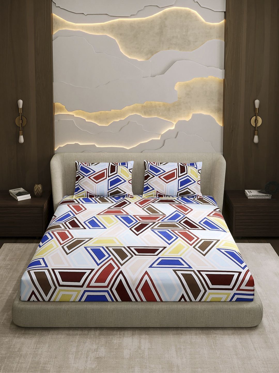 Monte Carlo Blue & Rust Printed Cotton 104 TC Queen Bedsheet Set 2.24 m x 2.54 m