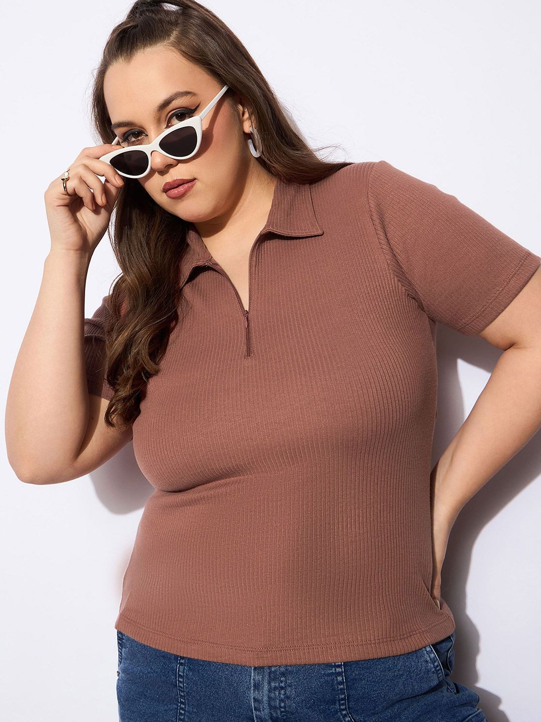 Sassafras Curve Women Ribbed Ribbed Shirt Collar Top