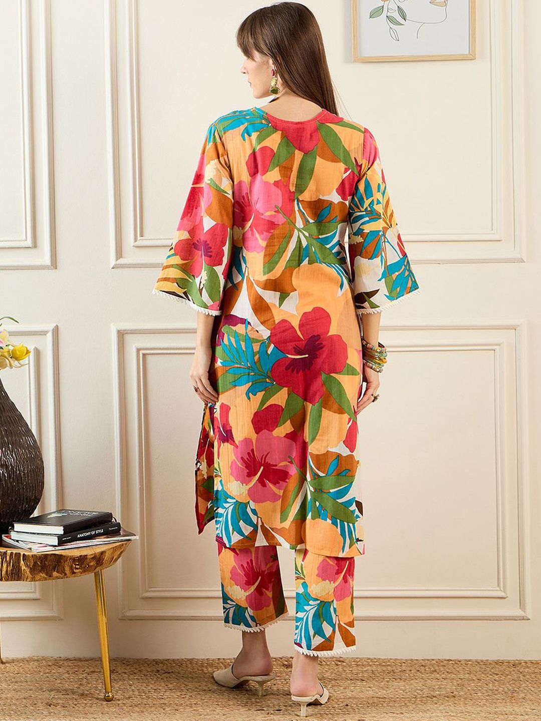 Indo Era Floral Printed V-Neck Pure Cotton Tunic With Trouser
