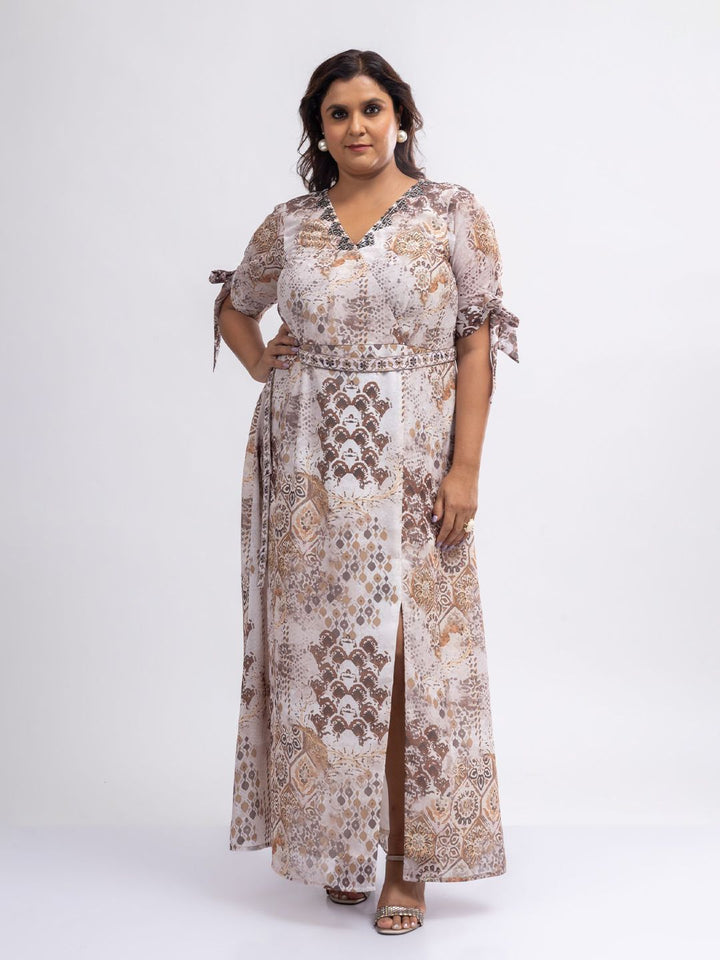 Mamicha Women Floral Print Tie Up Sleeve Georgette Maxi Dress