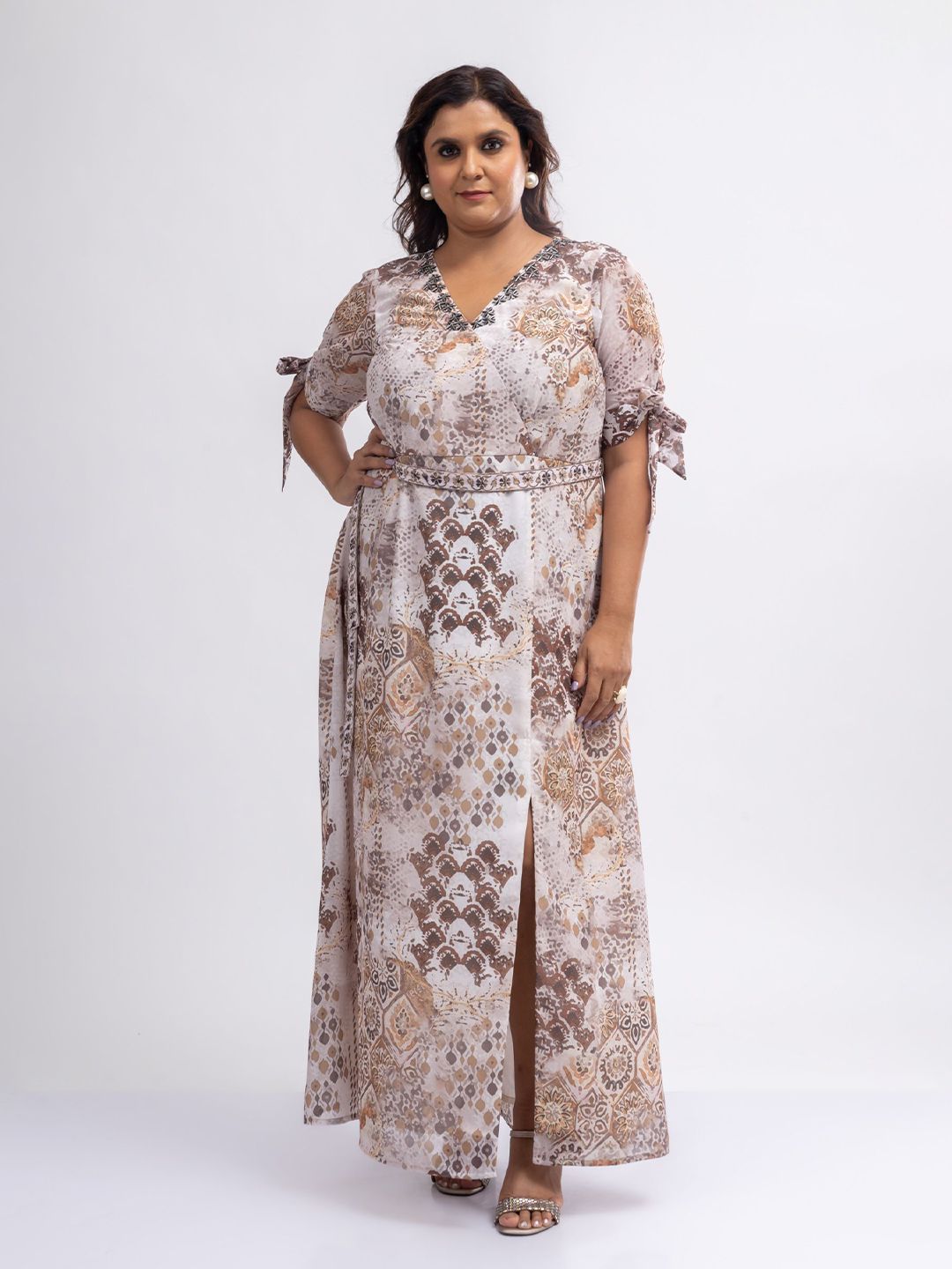 Mamicha Women Floral Print Tie Up Sleeve Georgette Maxi Dress