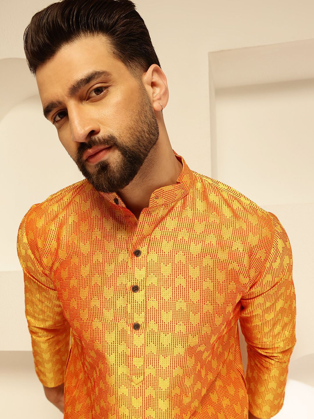SOJANYA Woven Design Mandarin Collar Thread Work Straight Kurta