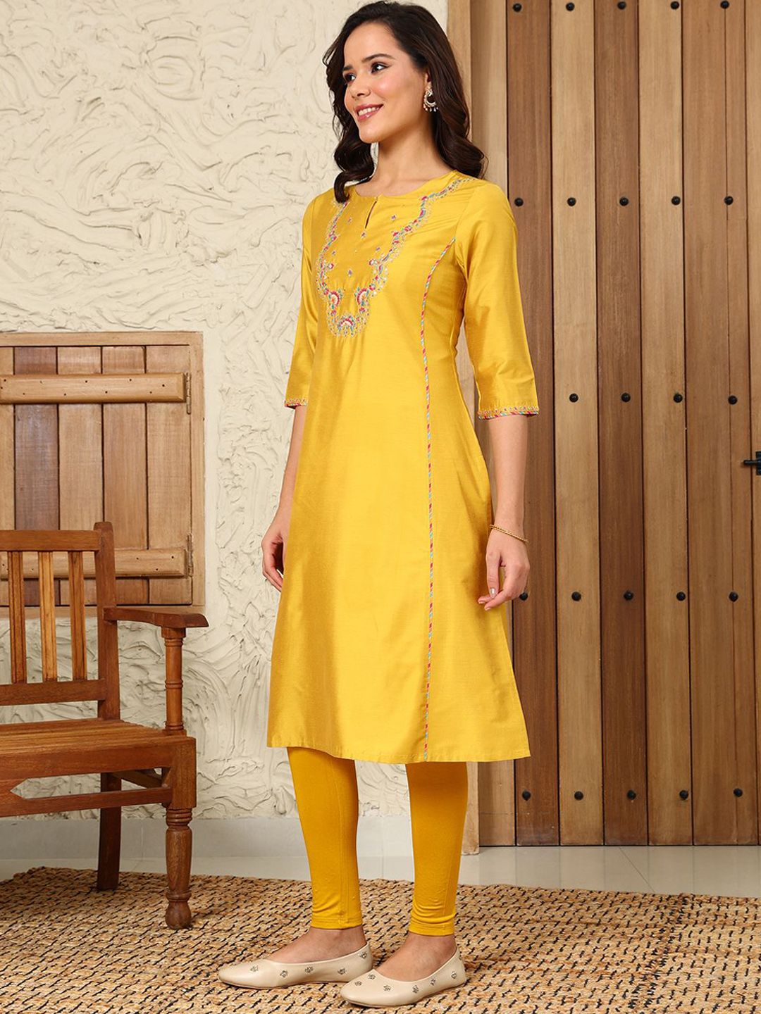 W Women Flared Sleeves Mirror Work Kurta