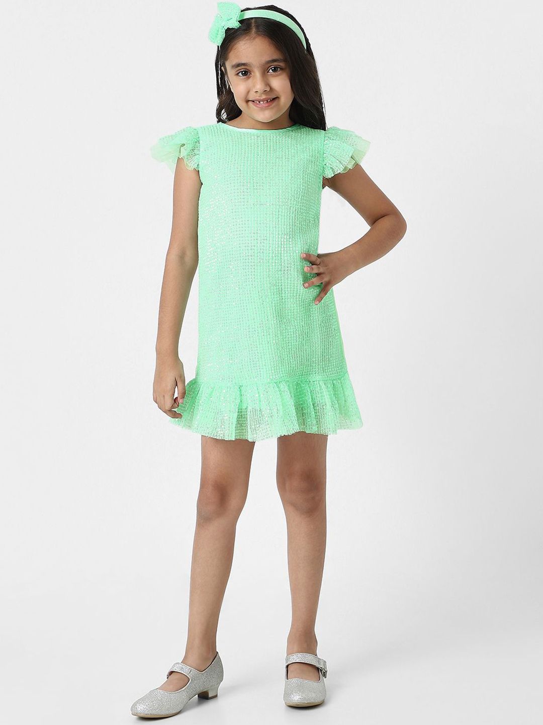 Nauti Nati Girls Green Mesh Embellished Sequin Party Frock With Headband