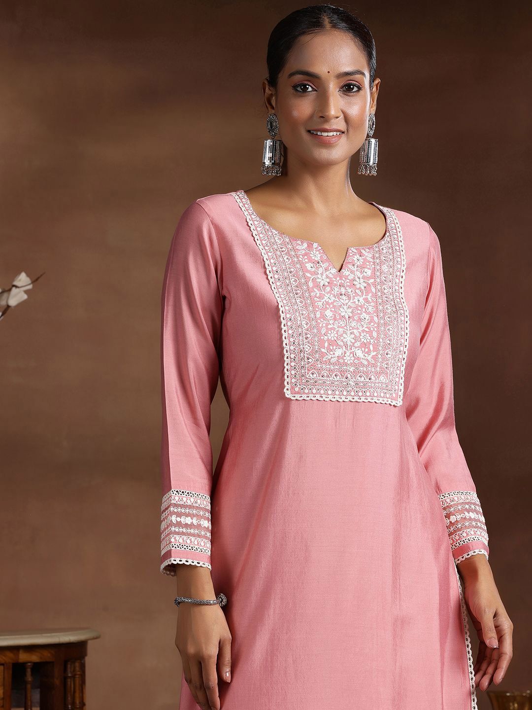 Libas Floral Yoke Design Notch Neck Thread Work Straight Kurta With Trousers & Dupatta