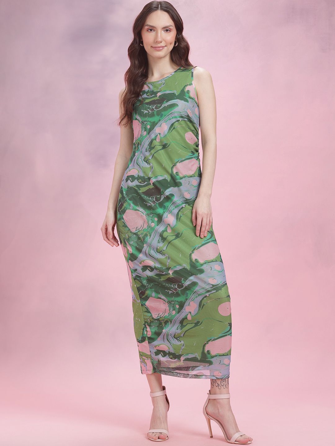 DressBerry Ruched Printed Mesh Maxi Dress