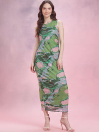 DressBerry Ruched Printed Mesh Maxi Dress