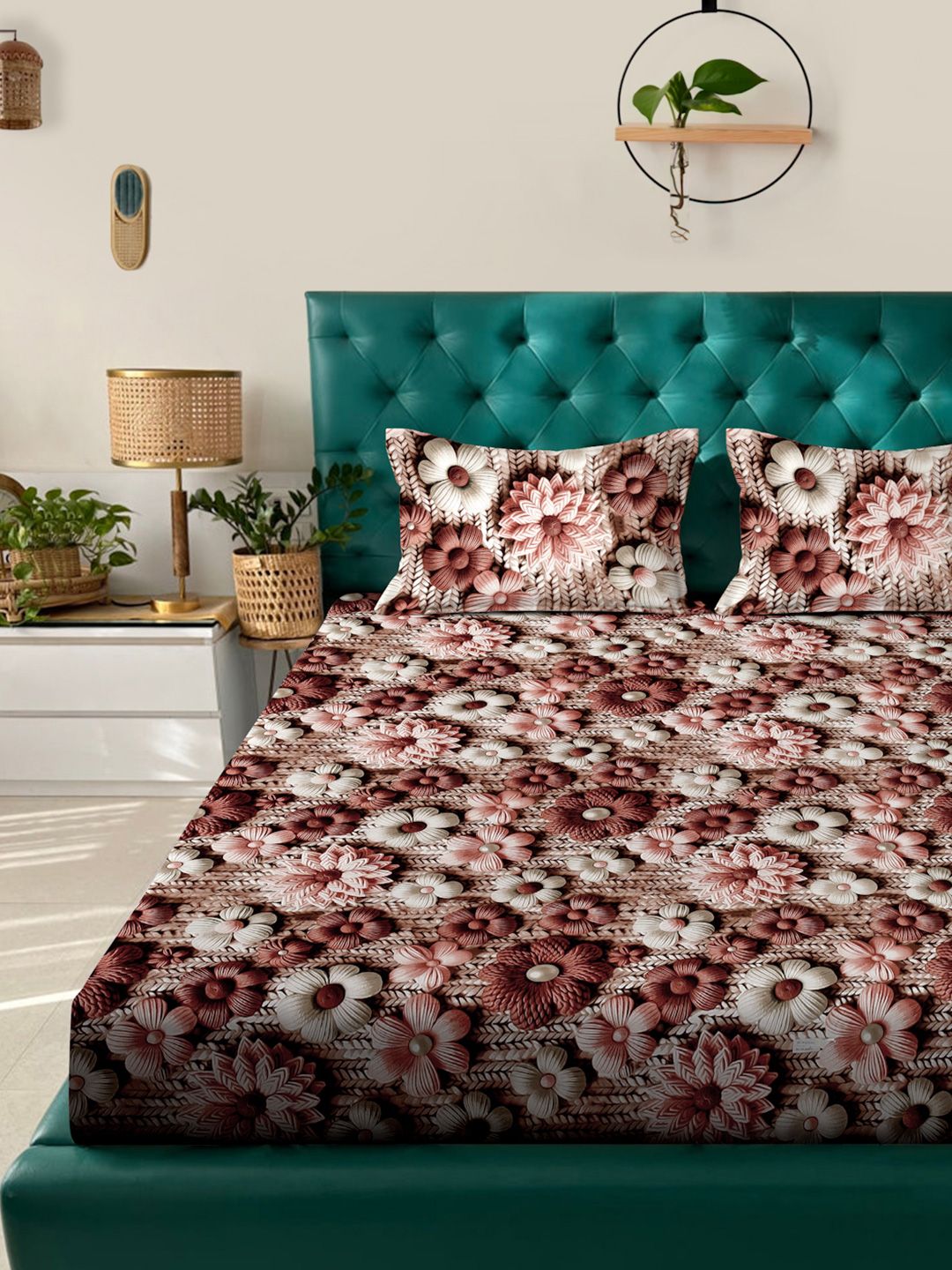 KLOTTHE Brown Floral 300TC King Superfine 7D Bedsheet & 2 Pillow Covers-2.50mx2.25m
