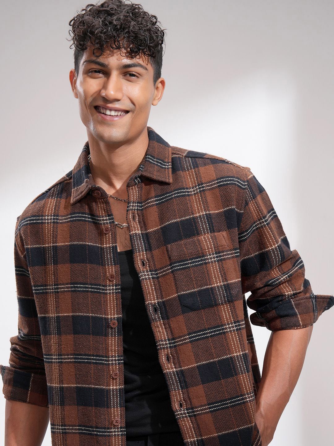 HIGHLANDER Men Relaxed Fit Spread Collar Tartan Checked Cotton Casual Shacket