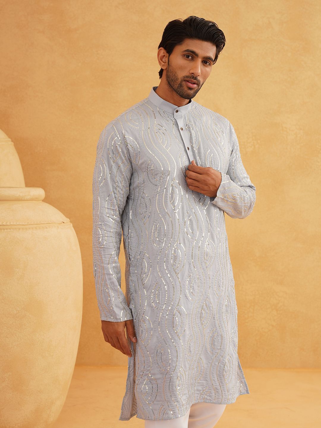 SOJANYA Woven Design Embroidered Sequinned  Band Collar Pure Cotton Kurta With Pyjama