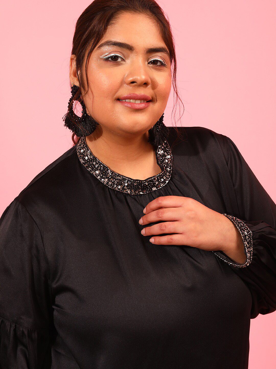 CURVY STREET Round Neck Sequined Regular Top