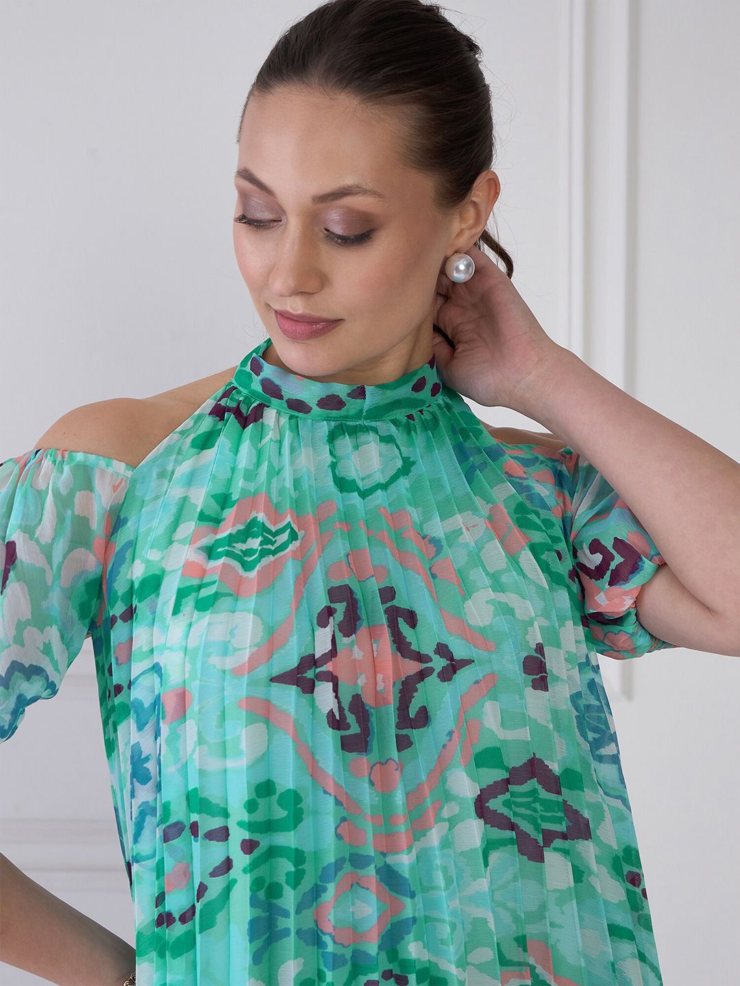Antheaa Sea Blue Floral Print Halter Neck Pleated A-Line Dress