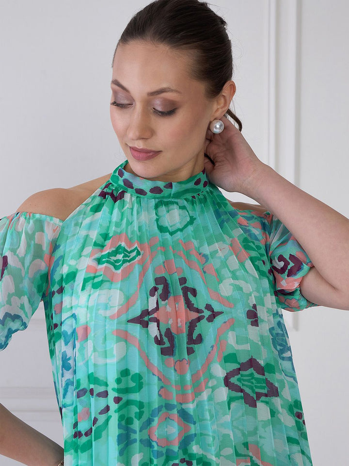 Antheaa Sea Blue Floral Print Halter Neck Pleated A-Line Dress