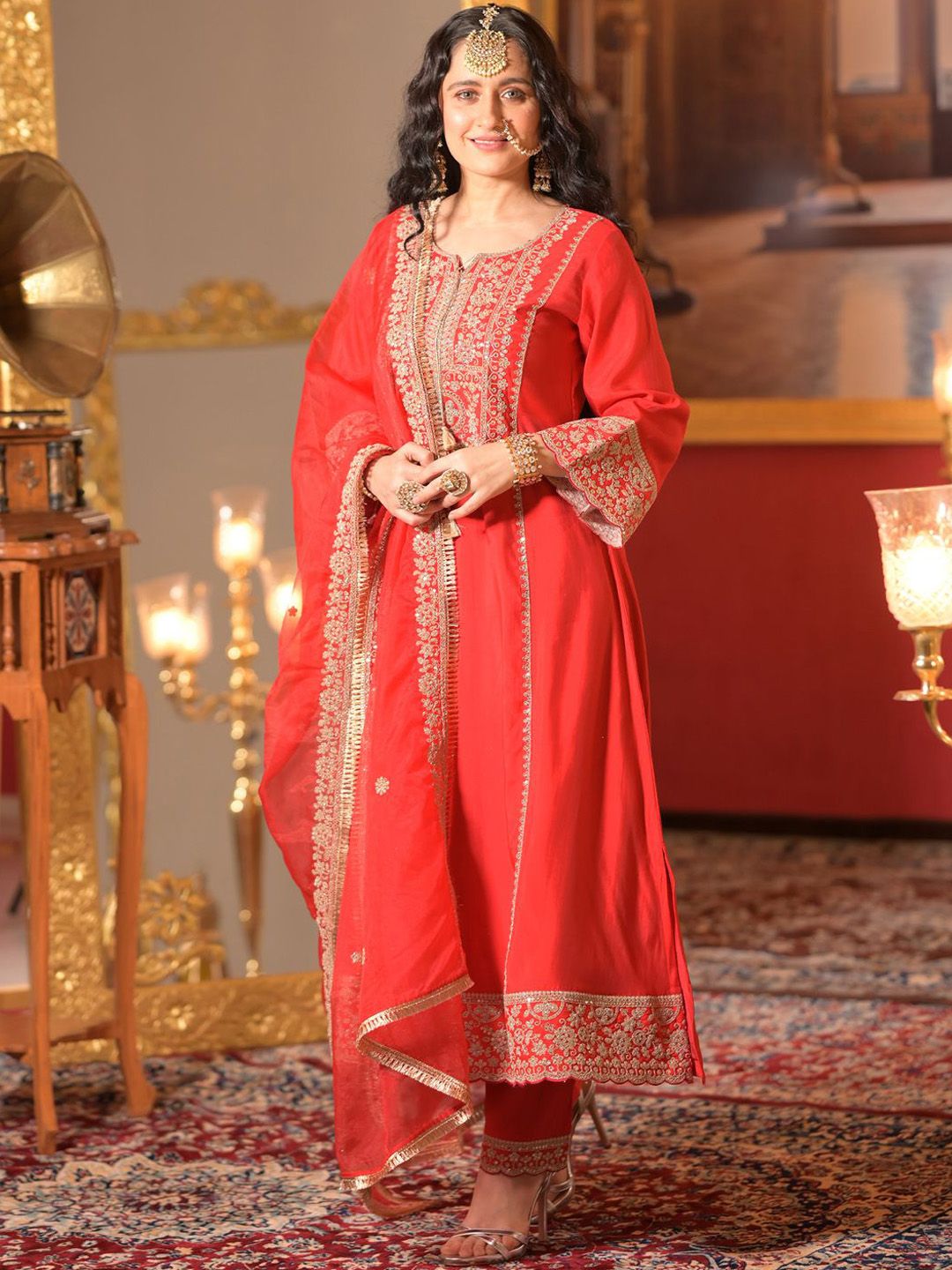 Indo Era Ethnic Motifs Embroidered Zari A-Line Kurta With Trousers & Dupatta