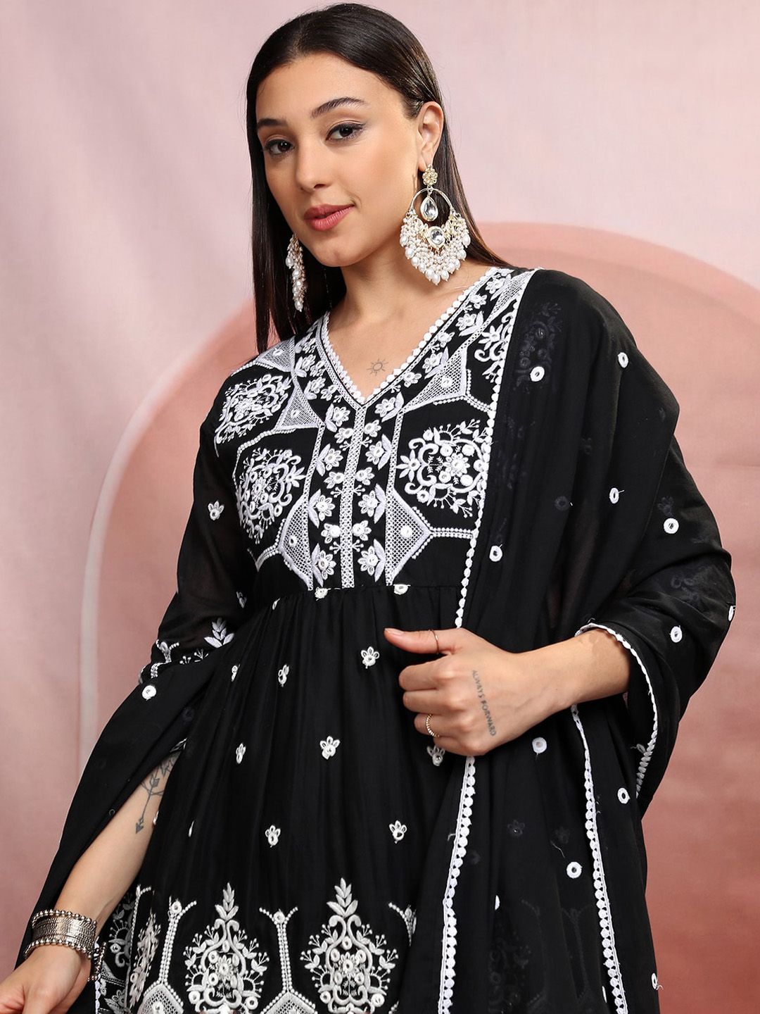 Vishudh Black Floral Embroidered Thread Work Pure Cotton Kurti with Sharara & Dupatta