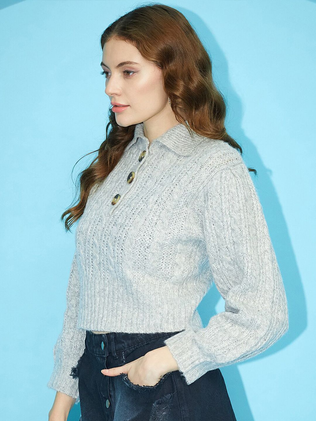 STREET 9 Self Designed Shirt Collar Acrylic Pullover
