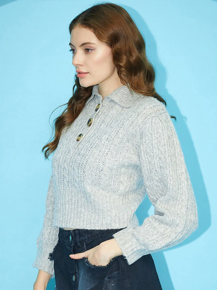 STREET 9 Self Designed Shirt Collar Acrylic Pullover