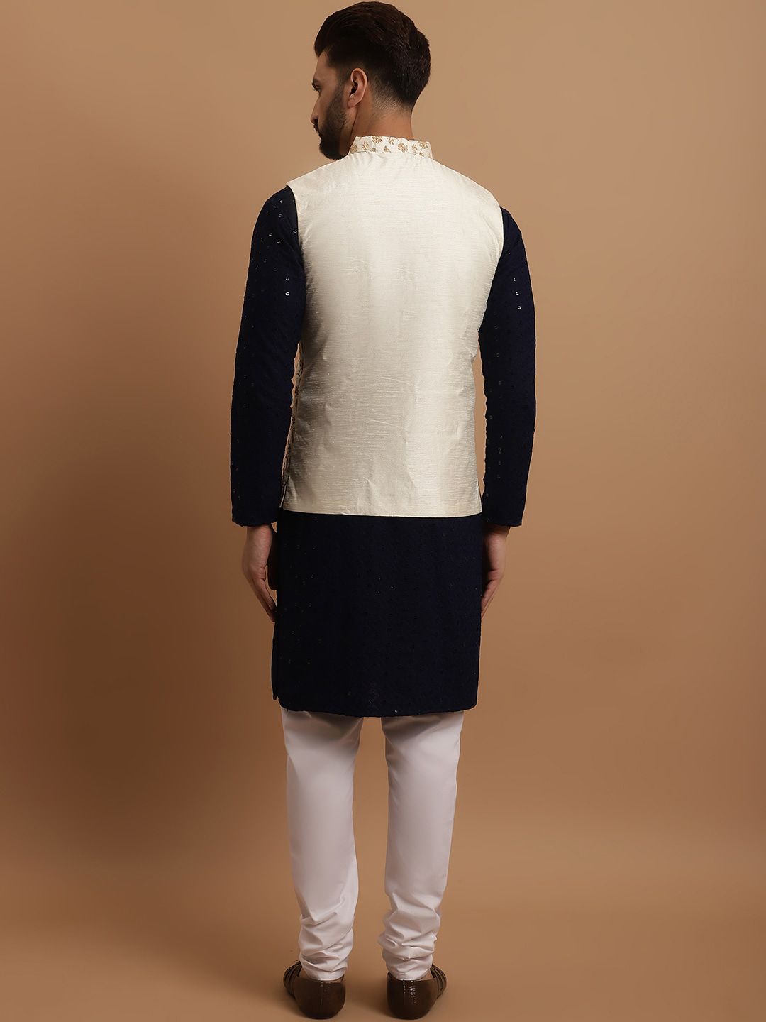 SOJANYA Ethnic Embroidered Sequinned Pure Cotton Kurta & Churidar With Nehru Jacket