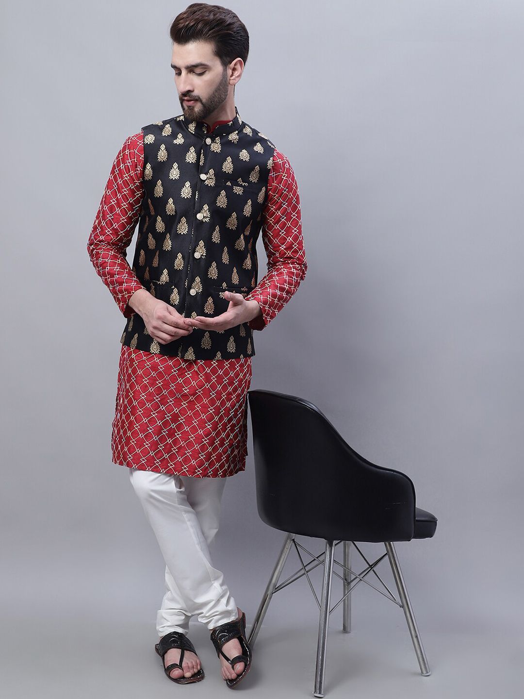 SOJANYA Embroidered Straight Kurta With Churidar And Nehru Jacket