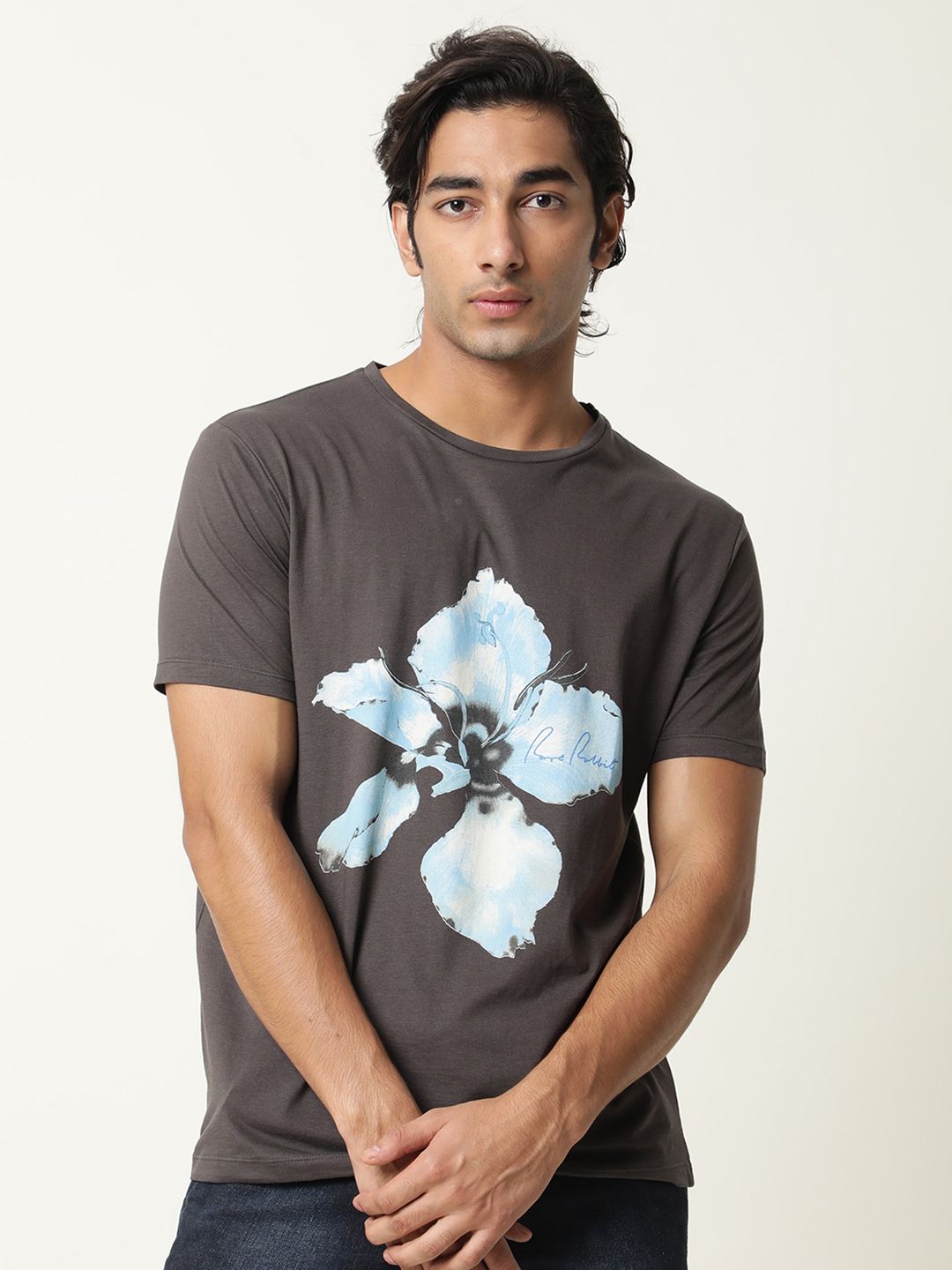 RARE RABBIT Men Grey Printed Pure Cotton Slim Fit T-shirt