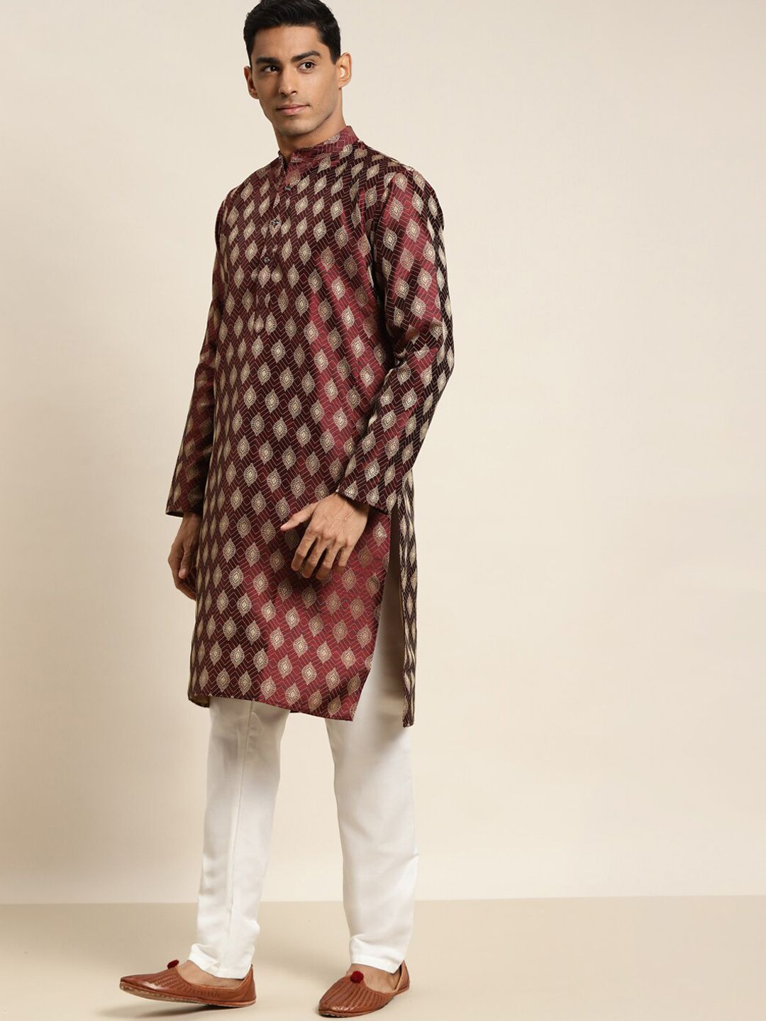 SOJANYA Woven Design Mandarin Collar Silk Cotton Kurta