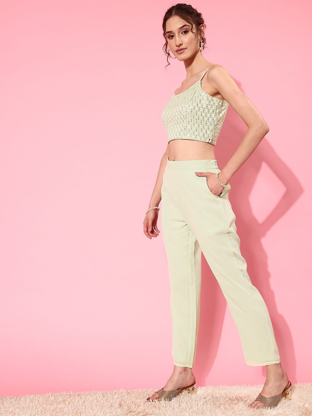 Libas Green Crop Top With Trousers & Shrug