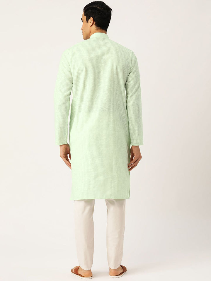 SOJANYA Men Green & White Striped Straight Kurta