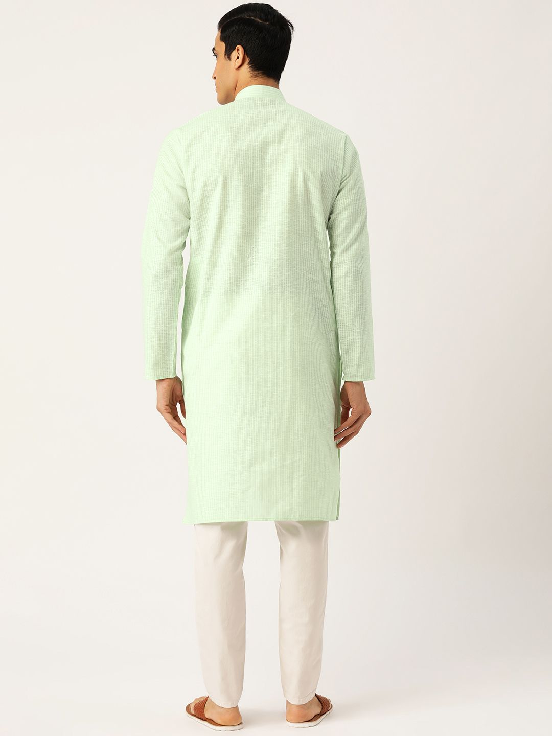 SOJANYA Men Green & White Striped Straight Kurta