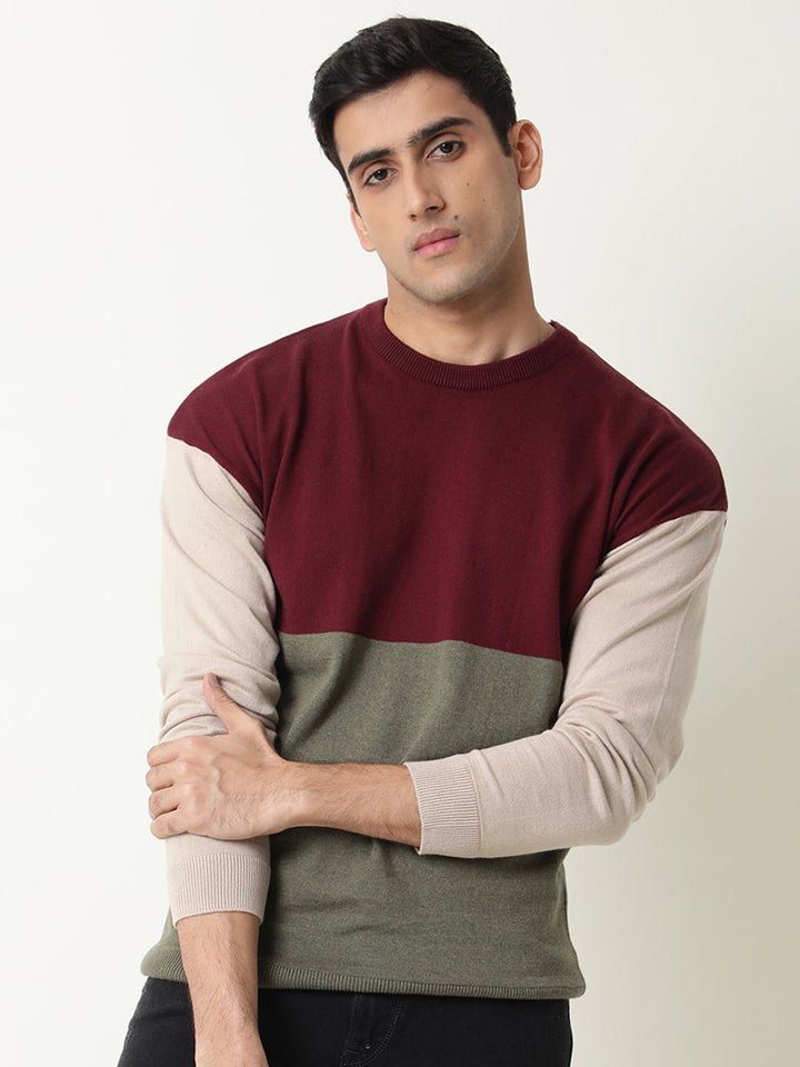 RARE RABBIT Men Tanko Slim Fit Colourblocked Pullover Sweater