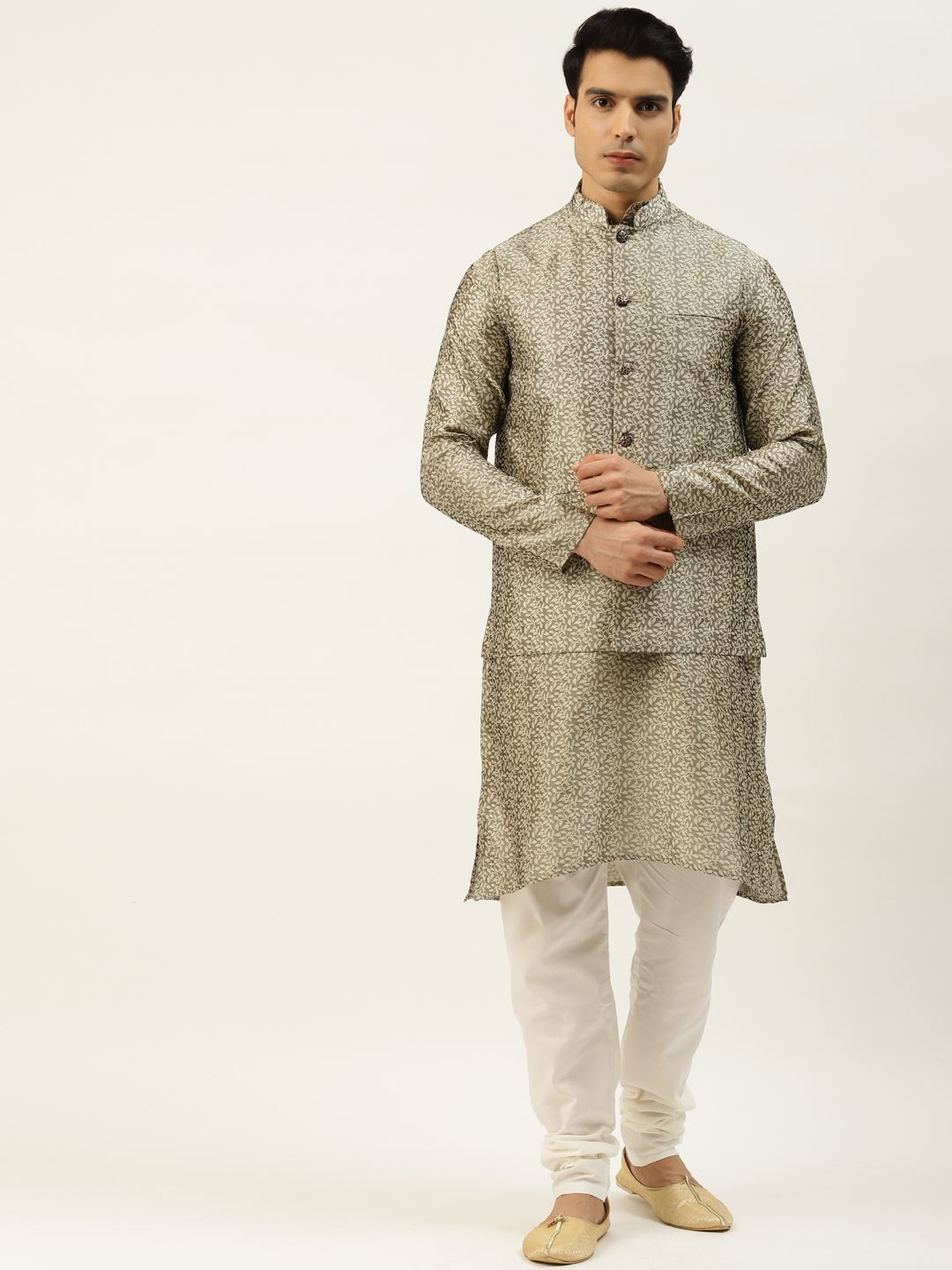SOJANYA Men Grey Ethnic Motifs Woven Design Kurta with Churidar & Nehru Jacket