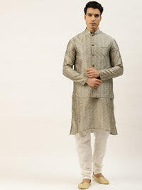 SOJANYA Men Grey Ethnic Motifs Woven Design Kurta with Churidar & Nehru Jacket