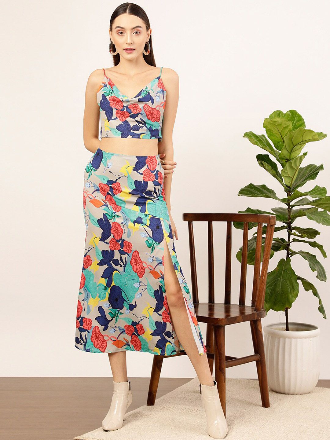 STREET 9 Grey Floral Printed Crop Top & Skirt