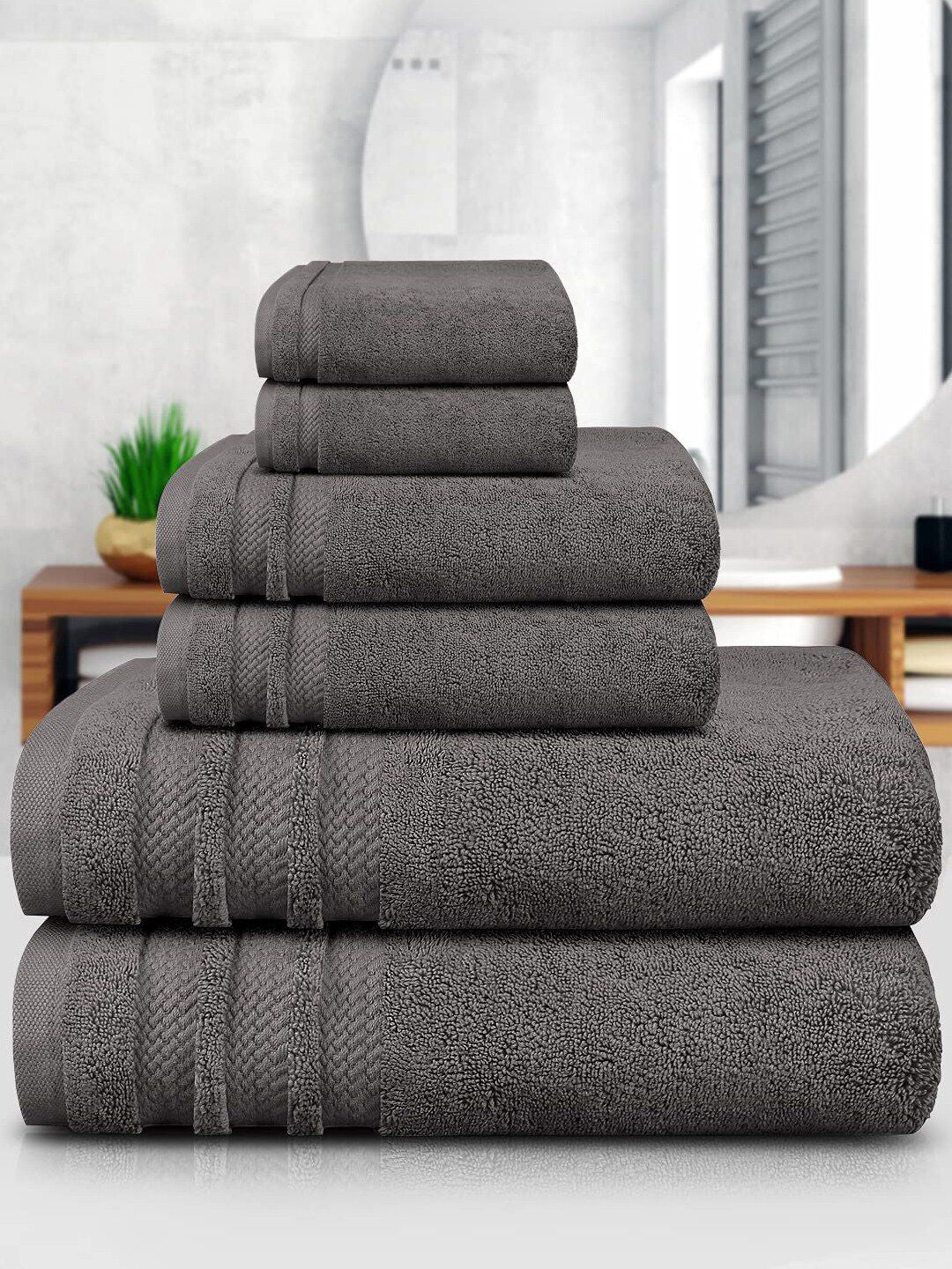 MYTRIDENT Set Of 6 Charcoal Grey Solid 500 GSM Soft  Plush Pure Cotton Towel Set
