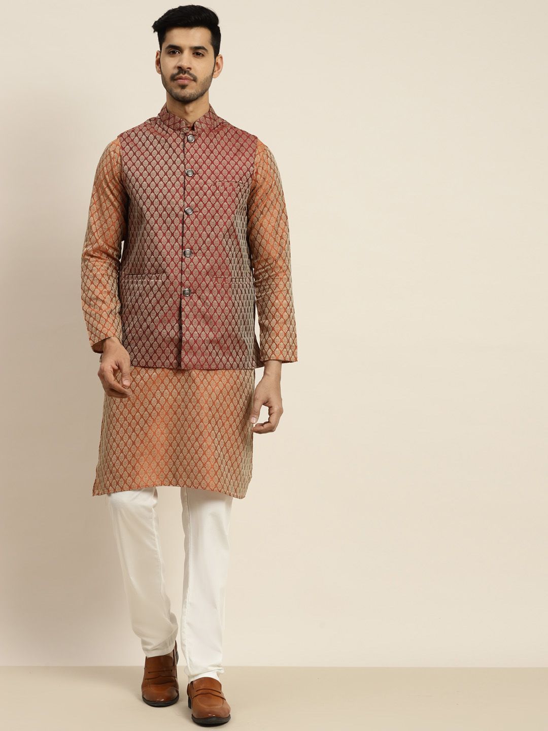SOJANYA Men Orange Ethnic Motifs Kurta with Pyjamas & Nehru Jacket