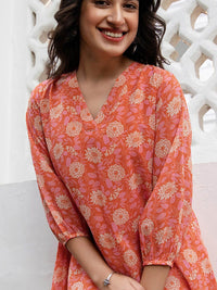Janasya Women Orange Georgette Floral Printed Regular Tunic
