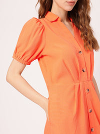 DressBerry Tangerine Pleated Seersucker Shirt Style Dress