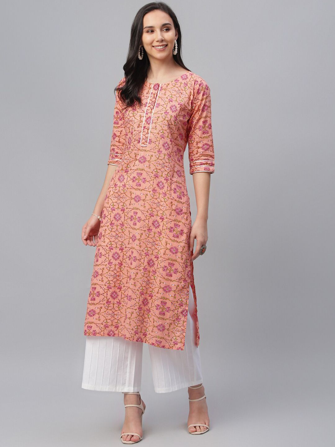 Libas Women Peach & Pink Floral Print Straight Kurta