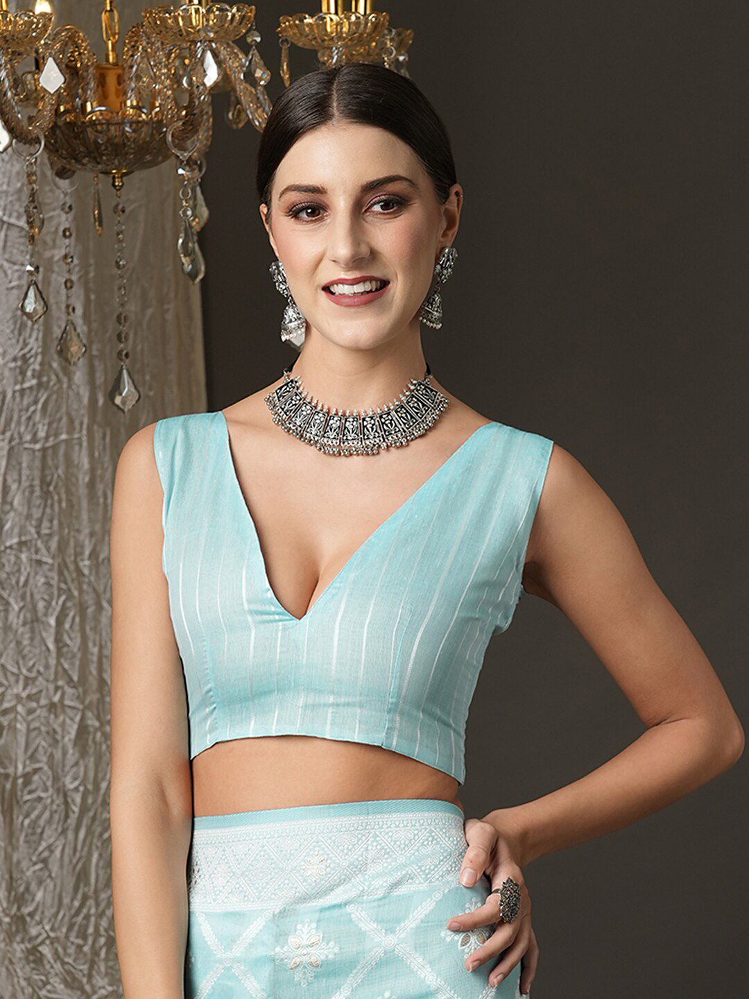 Saree mall Turquoise Blue & White Woven Design Silk Cotton Banarasi Sarees
